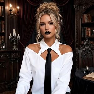 Forever 21 White Cold-Shoulder Button-Down with Black Tie Accent